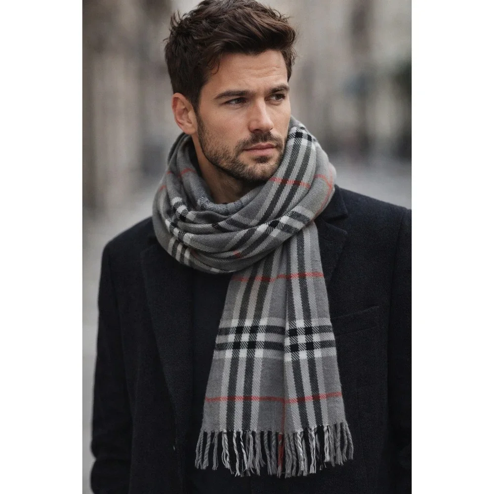 Gray Plaid Fringe Unisex Scarf Winter Wrap‎ Classic Preppy Heritage Cozy 66x12